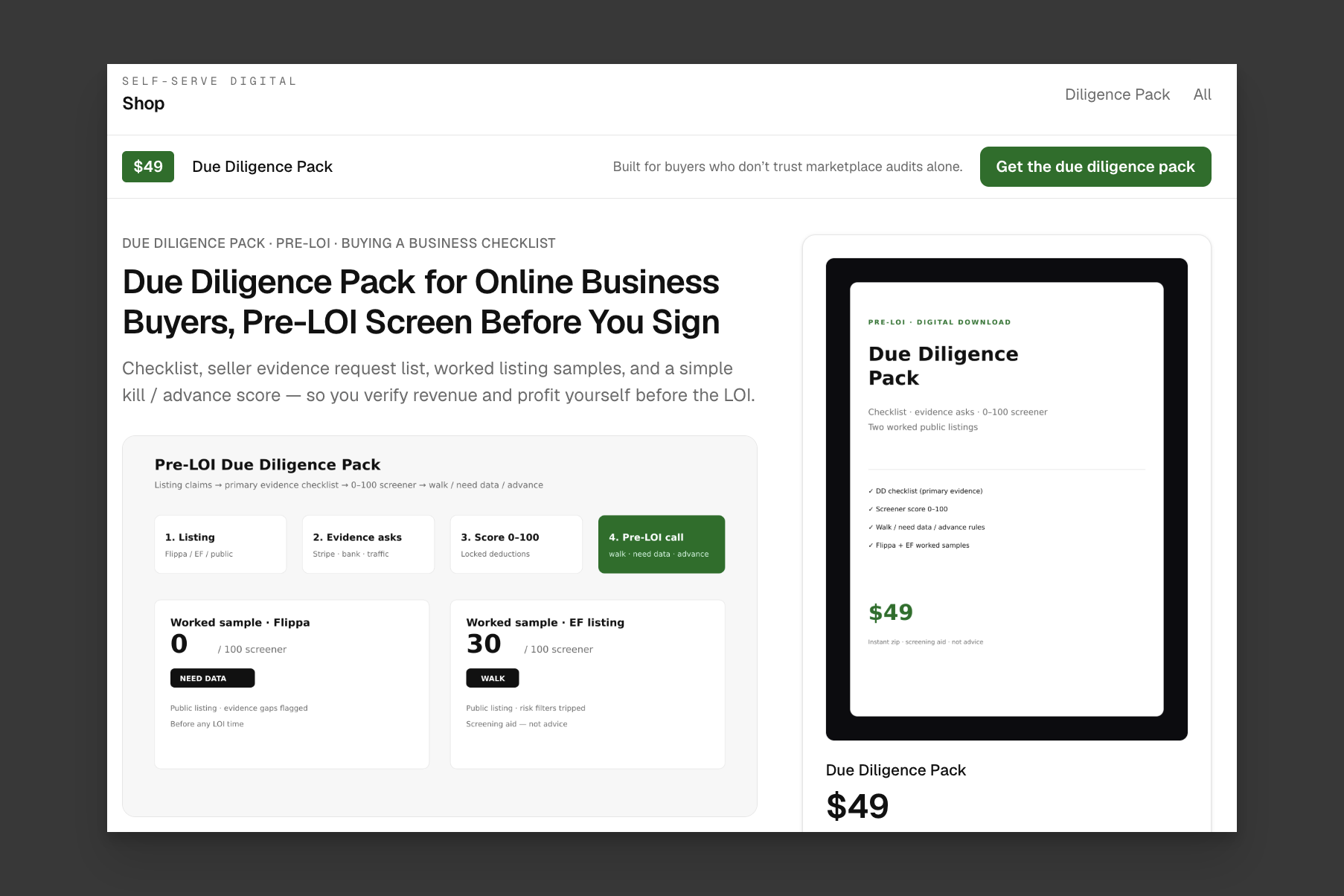 Our first customer's deployed storefront, selling a $49 Due Diligence Pack for online business buyers.